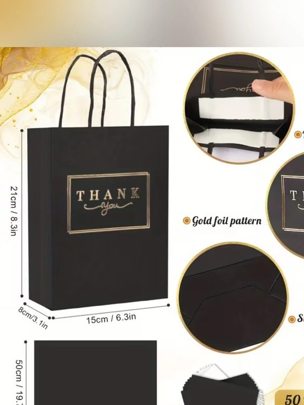 Set of Black And Gold Thank You Gift Bag Set With tissue Paper (50)